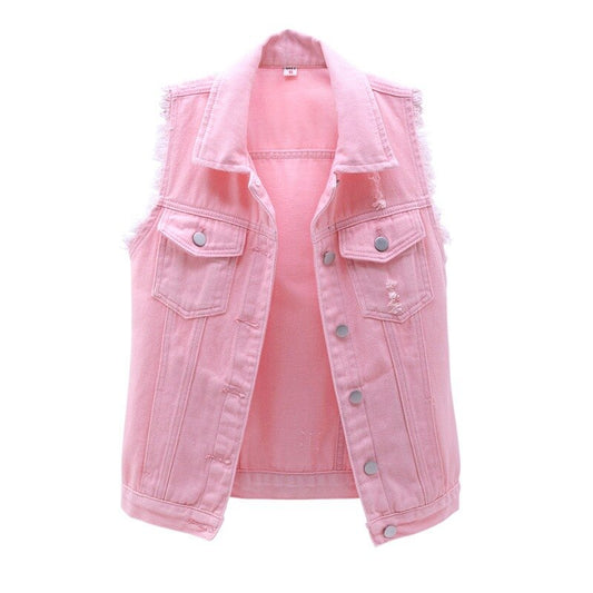Autumn Women Plus size Denim Vest Sleeveless Waistcoat Students Casual Tops Jeans Jackets Red Pink Purple Yellow Blue White KW03